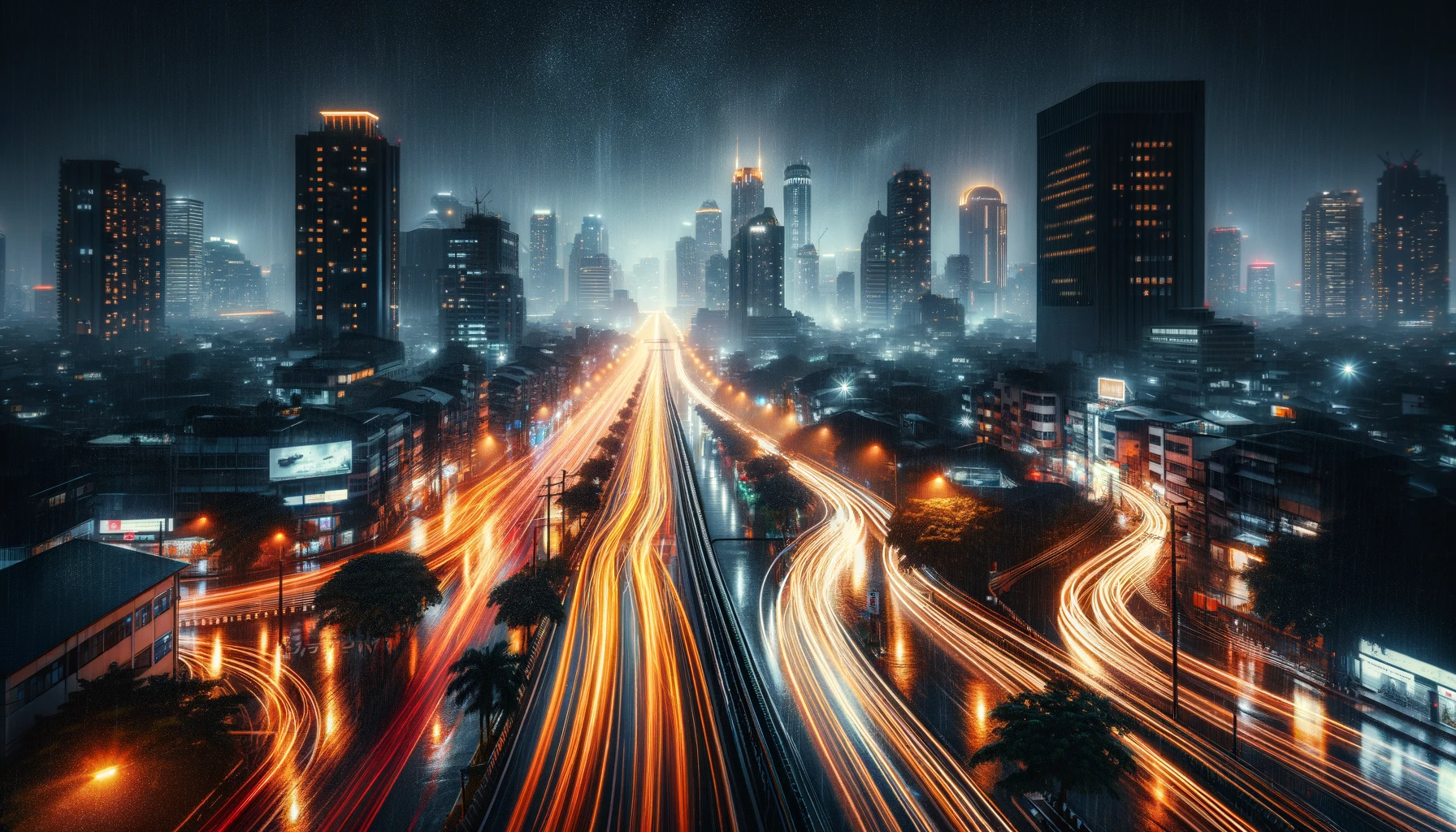 DALL·E 2024-04-02 18.30.13 - A long exposure photograph of a bustling city street at night, filled with the glowing trails of moving cars. The scene is set under a light rain, add.webp